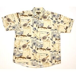 Morgan Creek Outfitters Mens Fly Fishing Theme Shirt Beige Short Sleeve Large